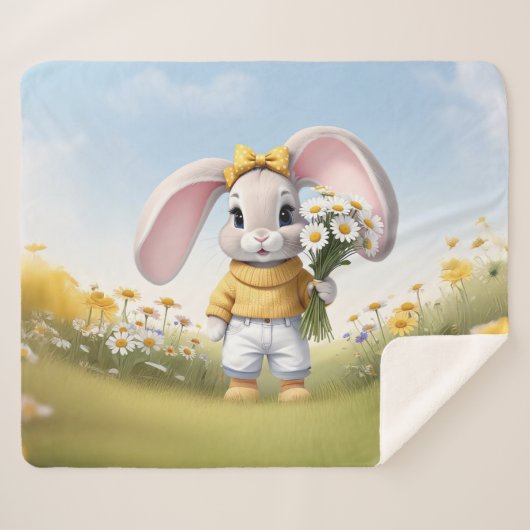 Rabbit holding bouquet of white daisies シェルパブランケット (正面(横))