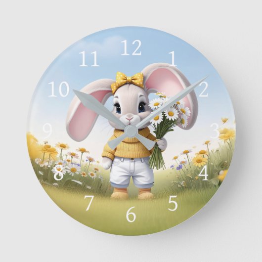 Rabbit holding bouquet of white daisies ラウンド壁時計 (正面)