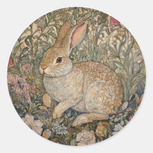 Rabbit in an English Garden William Morrisスタイル ラウンドシール (正面)