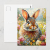 Rabbit in Floral Field Spring Artwork ポストカード (正面/裏面)