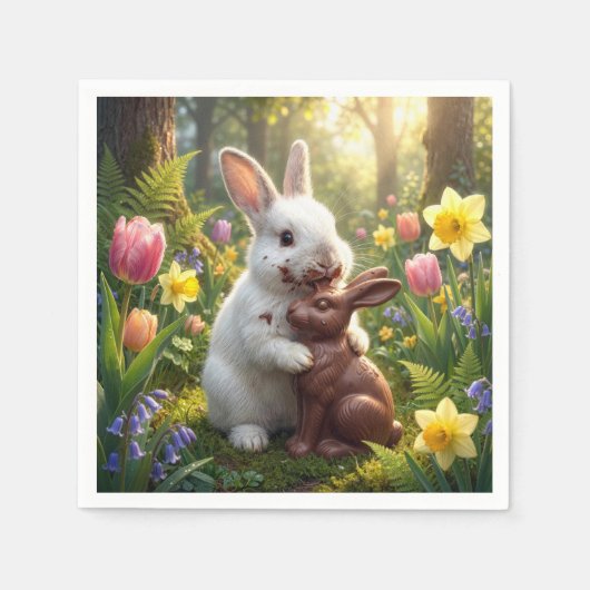 Rabbit Licking a Chocolate Easter Bunny スタンダードカクテルナプキン (正面)