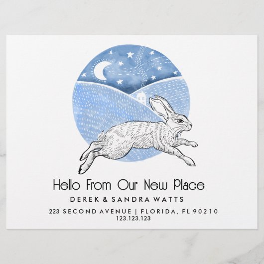 Rabbit  Lino Style Change of Address Card  チラシ (正面)