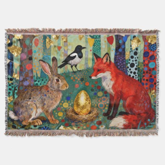 Rabbit, Magpie, Fox and “The Golden Goose Egg” スローブランケット (正面)