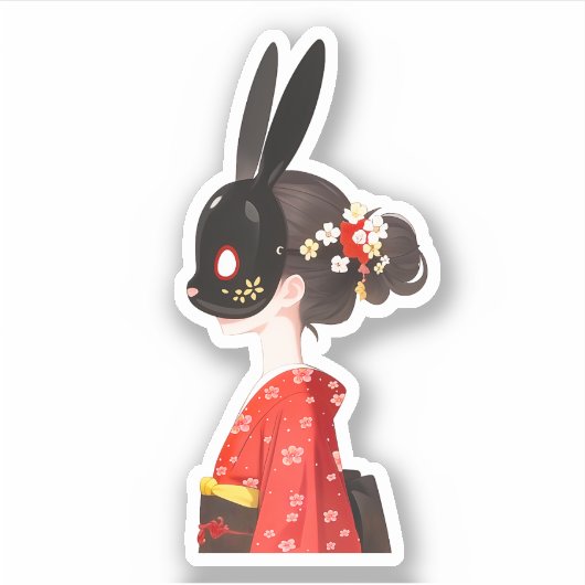 Rabbit Mask Kimono Girl – Dark Kawaii シール (正面)