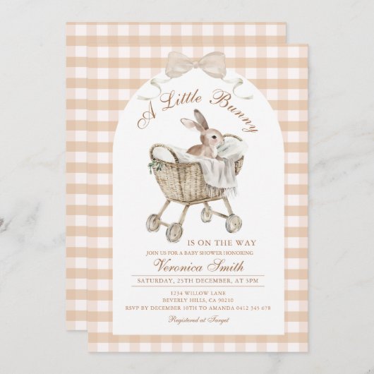 Rabbit Neutral Beige Bunny Baby Shower 招待状 (正面/裏面)