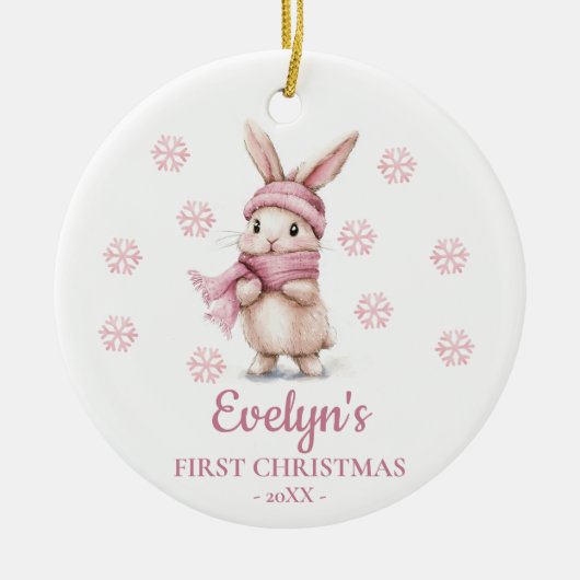 Rabbit Personalized Girl's First Christmas セラミックオーナメント (正面)