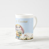 Rabbit pink ears white daisies Happy Easter ボーンチャイナマグカップ (正面右)