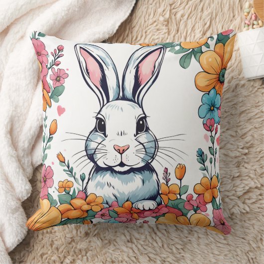 Rabbit surrounded by flowers クッション (ブランケット)