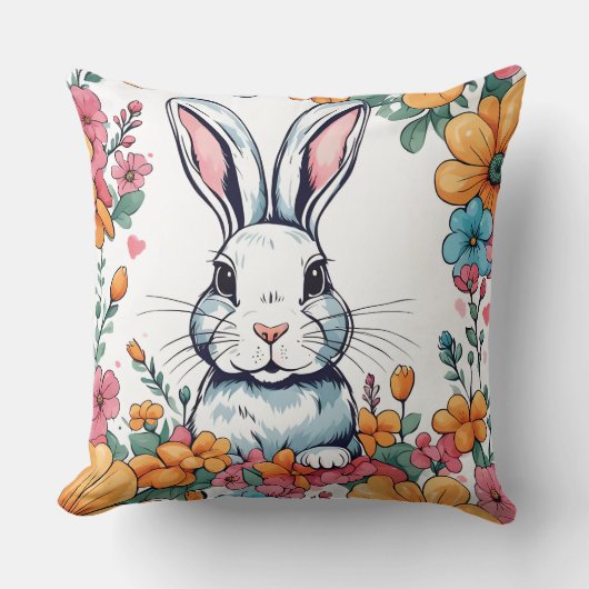 Rabbit surrounded by flowers クッション (正面)