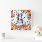 Rabbit surrounded by flowers スクエア壁時計 (ホーム)