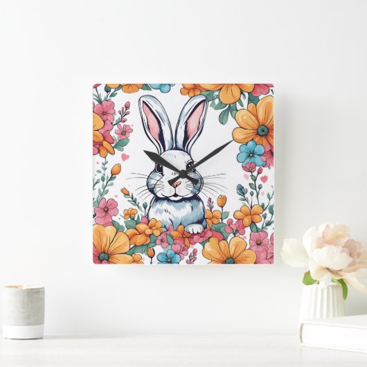 Rabbit surrounded by flowers スクエア壁時計 (ホーム)