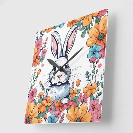 Rabbit surrounded by flowers スクエア壁時計 (傾斜)