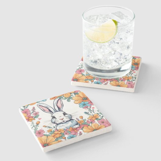 Rabbit surrounded by flowers ストーンコースター (横)