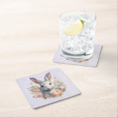 Rabbit Surrounded by Pastel Flowers Cute スクエアペーパーコースター (インサイチュ)