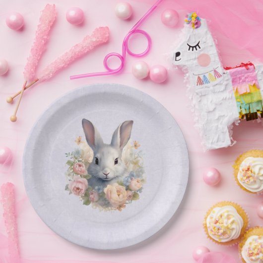 Rabbit Surrounded by Pastel Flowers Cute ペーパープレート (パーティー)