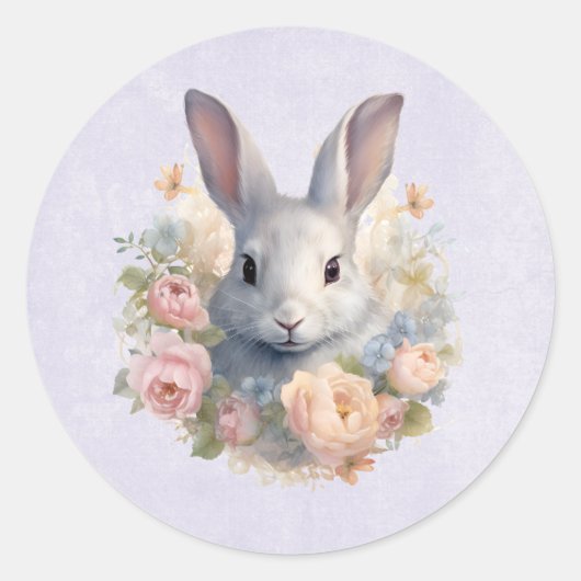 Rabbit Surrounded by Pastel Flowers Cute ラウンドシール (正面)
