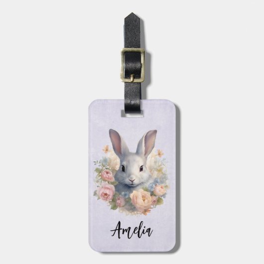 Rabbit Surrounded by Pastel Flowers Cute ラゲッジタグ (正面縦)