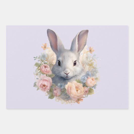 Rabbit Surrounded by Pastel Flowers Cute ラッピングペーパーシート (正面)