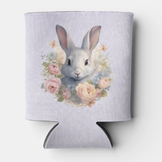 Rabbit Surrounded by Pastel Flowers Cute 缶クーラー (正面)