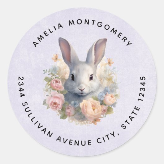 Rabbit Surrounded by Pastel Flowers Cute - Address ラウンドシール (正面)
