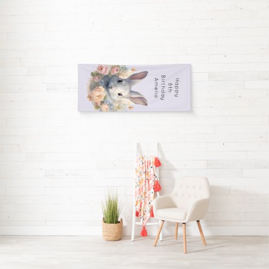 Rabbit Surrounded by Pastel Flowers Cute Birthday 横断幕 (インサイチュ)