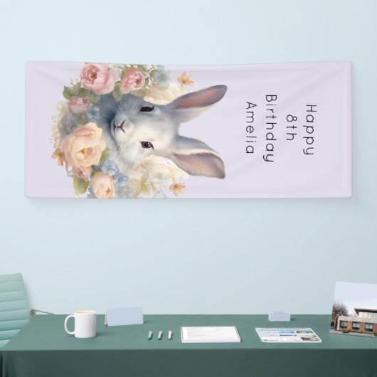 Rabbit Surrounded by Pastel Flowers Cute Birthday 横断幕 (トレードショー)