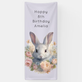 Rabbit Surrounded by Pastel Flowers Cute Birthday 横断幕