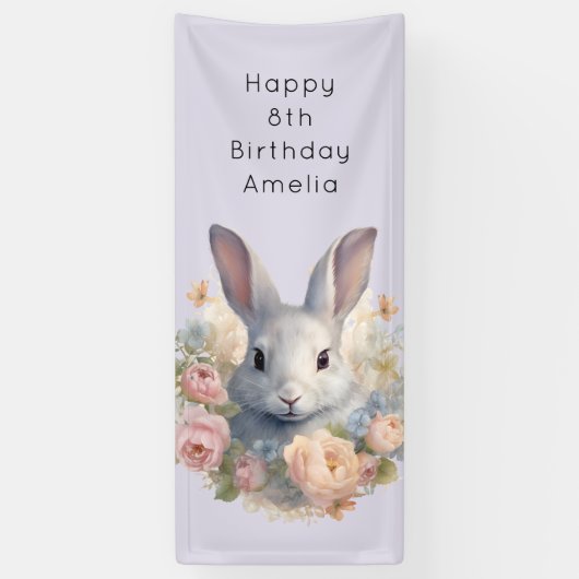 Rabbit Surrounded by Pastel Flowers Cute Birthday 横断幕 (縦)