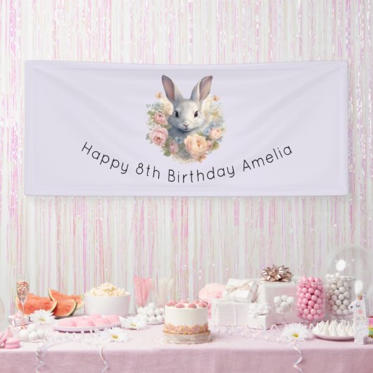 Rabbit Surrounded by Pastel Flowers Cute Birthday 横断幕 (パーティー)