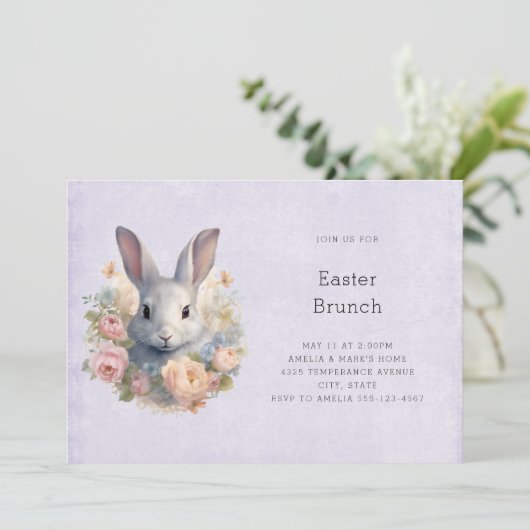 Rabbit Surrounded by Pastel Flowers Cute Easter 招待状 (スタンド正面)