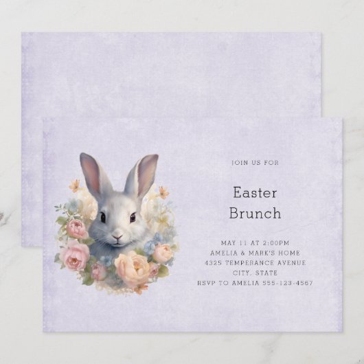 Rabbit Surrounded by Pastel Flowers Cute Easter 招待状 (正面/裏面)