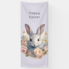 Rabbit Surrounded by Pastel Flowers Cute Easter 横断幕