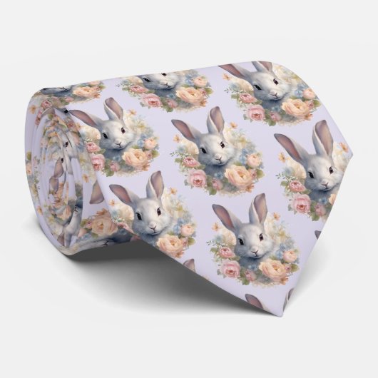 Rabbit Surrounded by Pastel Flowers Cute Pattern ネクタイ (ロール)