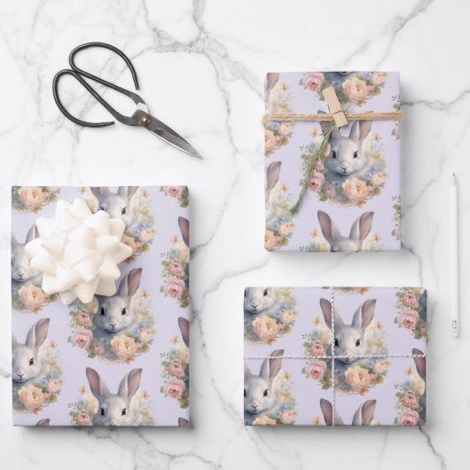 Rabbit Surrounded by Pastel Flowers Cute Pattern ラッピングペーパーシート (正面)