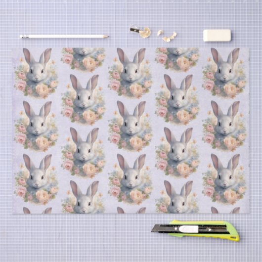 Rabbit Surrounded by Pastel Flowers Cute Pattern 薄葉紙 (クラフト)