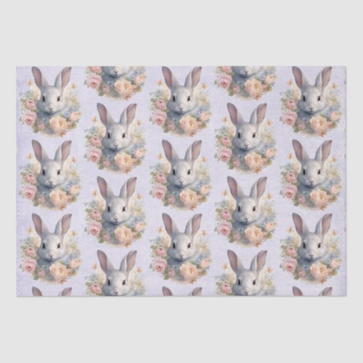 Rabbit Surrounded by Pastel Flowers Cute Pattern 薄葉紙 (正面)