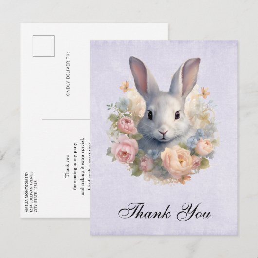 Rabbit Surrounded by Pastel Flowers Cute Thank You ポストカード (正面/裏面)