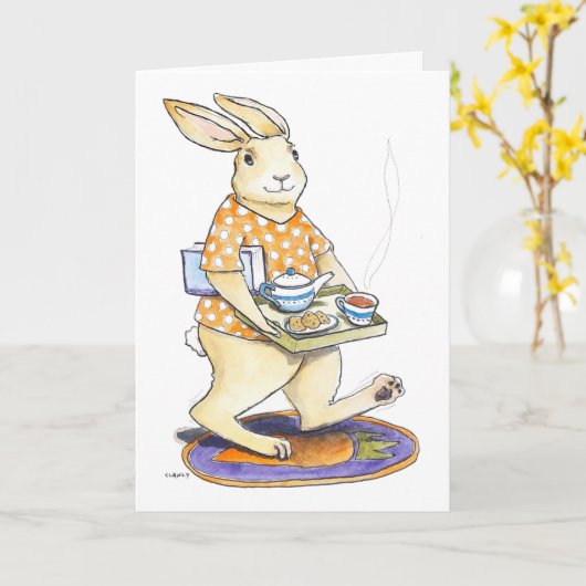 Rabbit Tea Tray Get Well card カード (黄色い花)