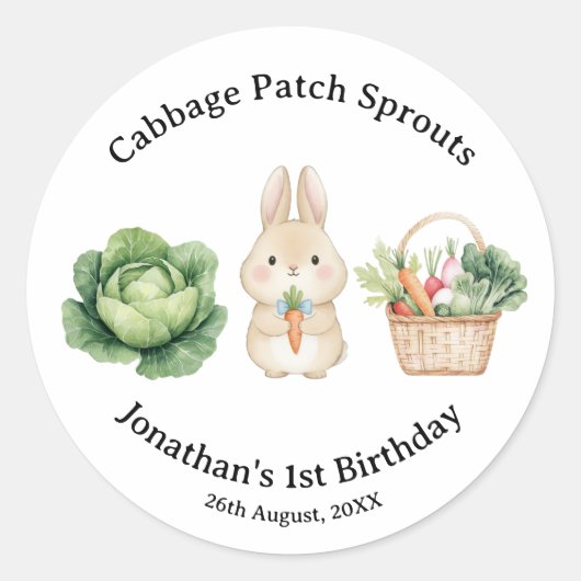  Rabbit Veggie Basket First Birthday Favor ラウンドシール (正面)