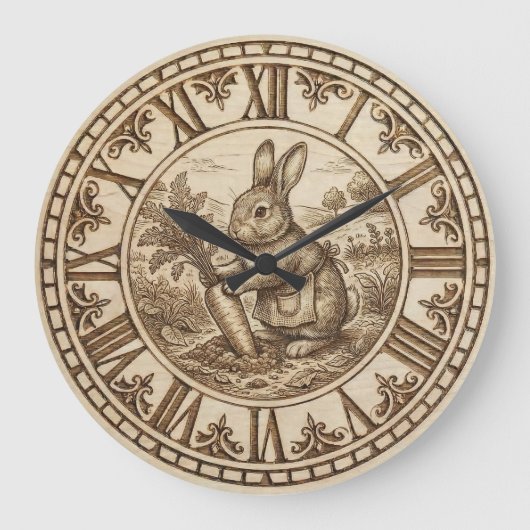 Rabbit Wall Clock – Wood-Burned Style ラージ壁時計 (正面)