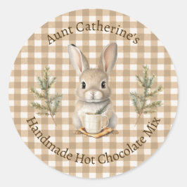 Rabbit with Mug Brown Gingham Hot Cocoa Mix Label ラウンドシール