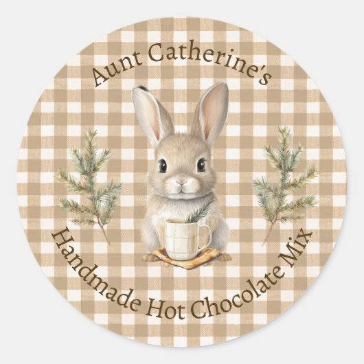 Rabbit with Mug Brown Gingham Hot Cocoa Mix Label ラウンドシール (正面)