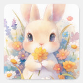 Rabbit with Yellow Flower and Spring Wildflower スクエアシール (正面)