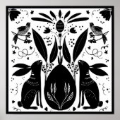 Rabbits Folk Art  Block Print Design Post B&/W ポスター (正面)