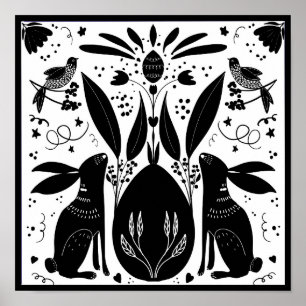 Rabbits Folk Art Block Print Design Post B&/W ポスター
