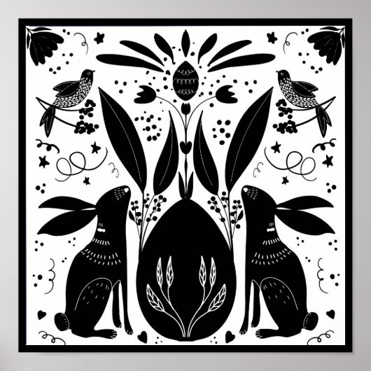 Rabbits Folk Art  Block Print Design Post B&/W ポスター (正面)