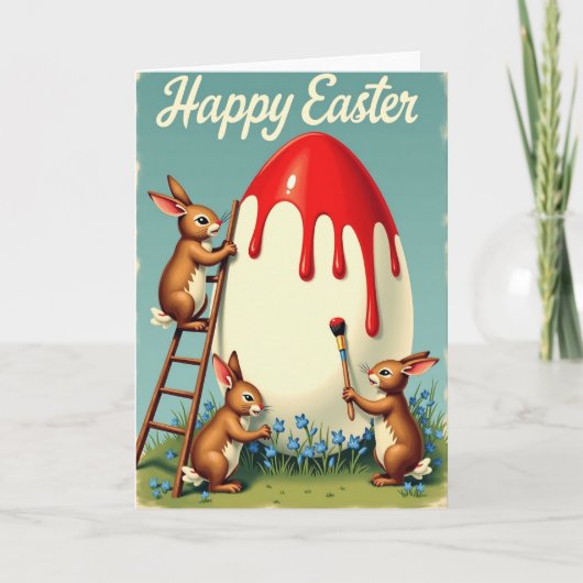 Rabbits Painting Egg Springtime Card カード (正面)