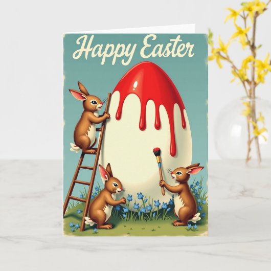 Rabbits Painting Egg Springtime Card カード (黄色い花)