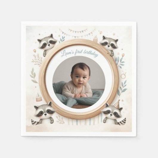 Raccoonフォトフレーム子供への誕生日パーティー スタンダードカクテルナプキン (正面)