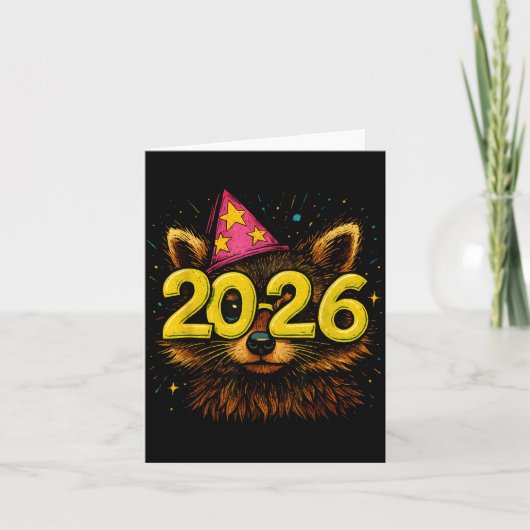 Raccoon 2026 Party Gles Funny New Year Celebration カード (正面)